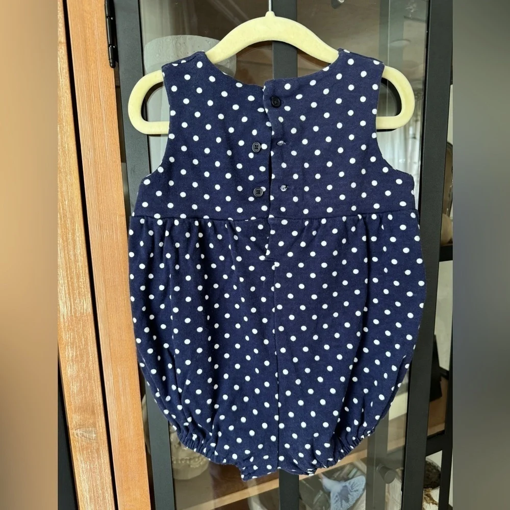 Hartstrings polka dots appliqué bubble romper hat set navy baby girl toddler VTG